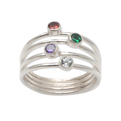 Multi-gemstone ring, 'Rainbow Stepping Stones' - Hand Crafted Amethyst and Garnet Ring