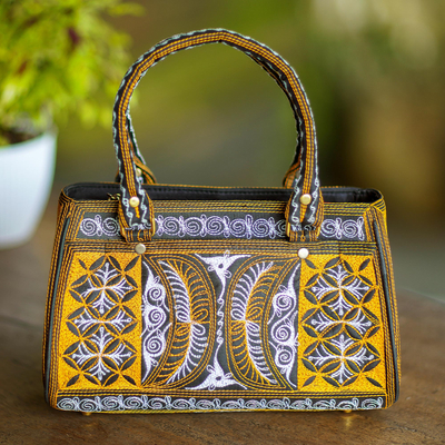 Hand-woven cotton handle handbag, 'Dayak Tribe in Yellow' - Embroidered Cotton Handle Handbag from Bali