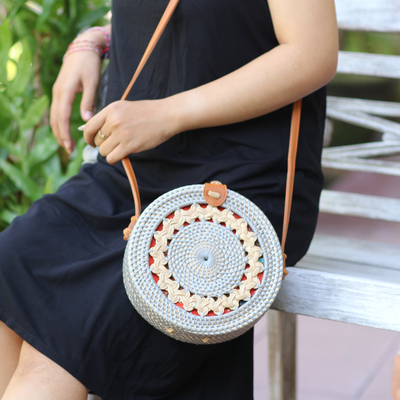 Eco-friendly bamboo sling bag, 'Braided Day in Grey' - Bamboo and Faux Leather Sling Bag from Bali
