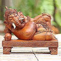 Wood sculpture, 'Reclining Ganesha'
