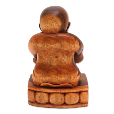 Wood sculpture, 'Say No Evil' - Hand Carved Suar Wood Buddha Sculpture