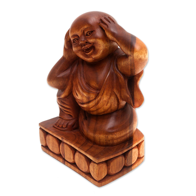 Wood sculpture, 'Hear No Evil' - Hand Made Suar Wood Buddha Sculpture