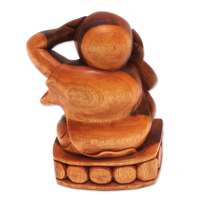 Wood sculpture, 'Hear No Evil' - Hand Made Suar Wood Buddha Sculpture