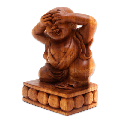 Wood sculpture, 'See No Evil' - Artisan Made Suar Wood Buddha Sculpture
