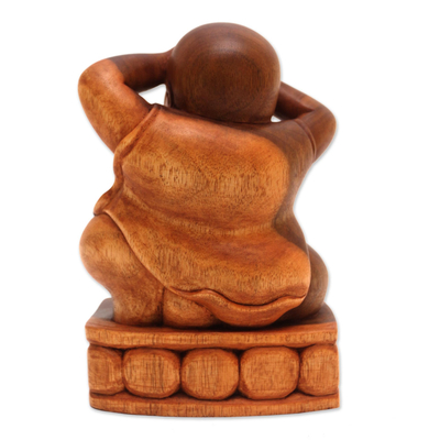Wood sculpture, 'See No Evil' - Artisan Made Suar Wood Buddha Sculpture
