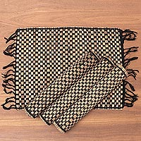 Natural fiber and cotton placemats, 'Chess Set' (set of 4) - Woven Natural Fiber and Cotton Placemats (Set of 4)