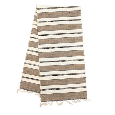 Natural fiber and cotton table runner, 'Creamy Mocha' - Striped Natural Fiber and Cotton Table Runner