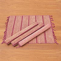 Natural fiber and cotton placemats, 'Dusty Rose' (set of 4) - Fringed Natural Fiber and Cotton Placemats (Set of 4)