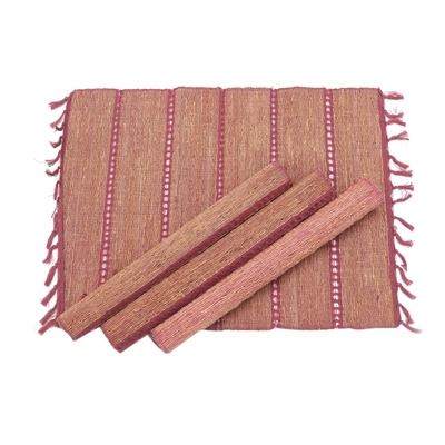 Natural fiber and cotton placemats, 'Dusty Rose' (set of 4) - Fringed Natural Fiber and Cotton Placemats (Set of 4)