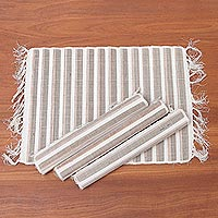 Natural fiber and cotton placemats, 'White Woods' (set of 4)