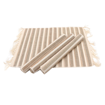Natural fiber and cotton placemats, 'White Woods' (set of 4) - Hand Made Natural Fiber and Cotton Placemats (Set of 4)