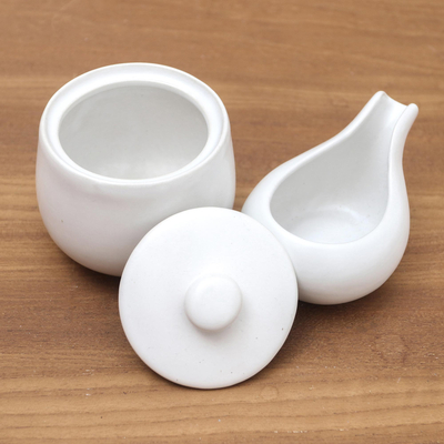 Ceramic cream and sugar set, 'Coffee Time in White' (pair) - White Ceramic Cream and Sugar Set (Pair)