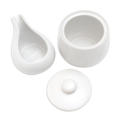 Ceramic cream and sugar set, 'Coffee Time in White' (pair) - White Ceramic Cream and Sugar Set (Pair)
