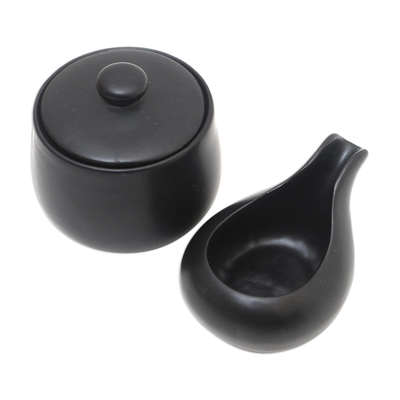 Ceramic cream and sugar set, 'Coffee Time in Black' (pair) - Black Ceramic Cream and Sugar Set (Pair)