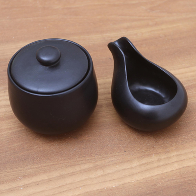 Ceramic cream and sugar set, 'Coffee Time in Black' (pair) - Black Ceramic Cream and Sugar Set (Pair)