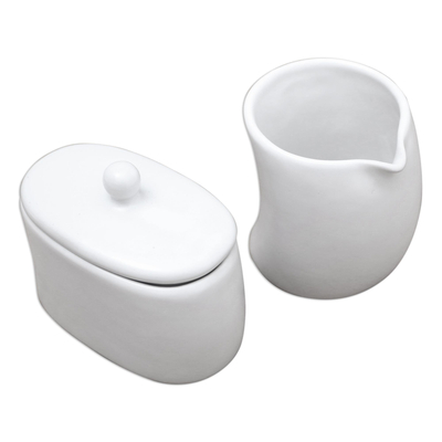 Ceramic cream and sugar set, 'Sweet Morning in White' (pair) - White Ceramic Cream and Sugar Condiment Set (Pair)