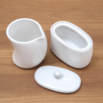 Ceramic cream and sugar set, 'Sweet Morning in White' (pair) - White Ceramic Cream and Sugar Condiment Set (Pair)
