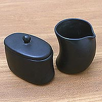 Ceramic cream and sugar set, 'Sweet Morning in Black' (pair) - Black Ceramic Creamer and Sugar BowlSet (Pair)