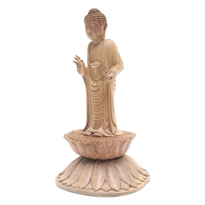 Wood sculpture, 'Buddha Brings Protection' - Hand Carved Hibiscus Wood Buddha Sculpture