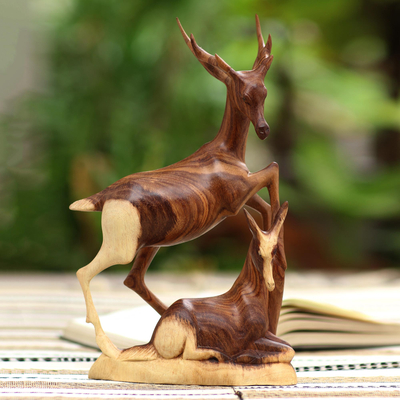 Hand Carved Suar Wood Deer Sculpture, Wooden Deer Statue