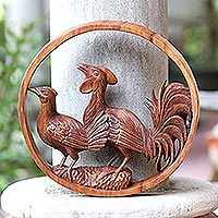 Wood relief panel, 'Chicken Duo' - Hand Carved Suar Wood Chicken Relief Panel