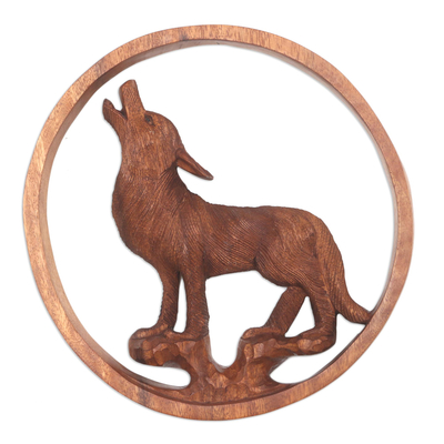 Wood relief panel, 'Baying Wolf' - Hand Carved Suar Wood Wolf Relief Panel
