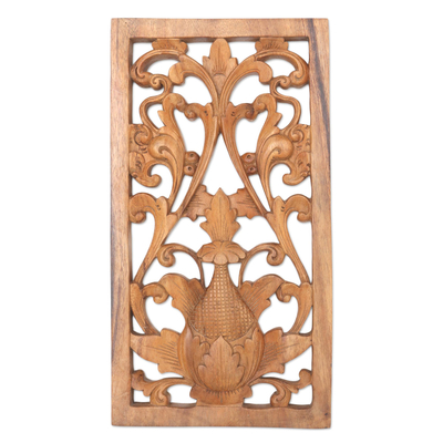 Wood relief panel, 'Paisley Flower' - Hand Carved Suar Wood Relief Panel