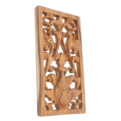 Wood relief panel, 'Paisley Flower' - Hand Carved Suar Wood Relief Panel