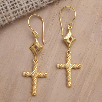 Gold-plated brass dangle earrings, 'Wrapped Cross' - Gold-Plated Brass Cross Dangle Earrings