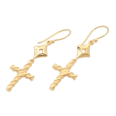 Pendientes colgantes de latón con baño de oro - Pendientes colgantes cruz de latón bañado en oro