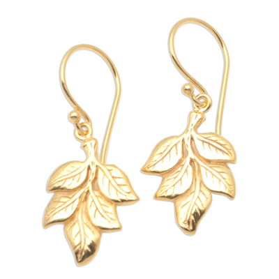 Gold-plated brass dangle earrings, 'Betel Leaves' - Gold-Plated Brass Leaf Dangle Earrings