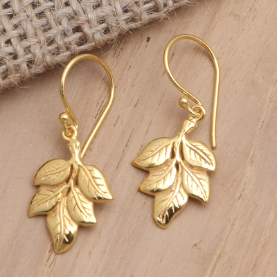 Gold-plated brass dangle earrings, 'Betel Leaves' - Gold-Plated Brass Leaf Dangle Earrings