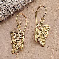 Gold-plated brass dangle earrings, 'Butterfly Couple' - Hand Made Gold-Plated Butterfly Dangle Earrings