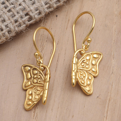 Gold-plated brass dangle earrings, 'Butterfly Couple' - Hand Made Gold-Plated Butterfly Dangle Earrings