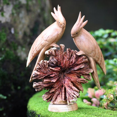 Wood sculpture, 'Cockatoo Couple' - Hand Made Jempinis Wood Cockatoo Sculpture