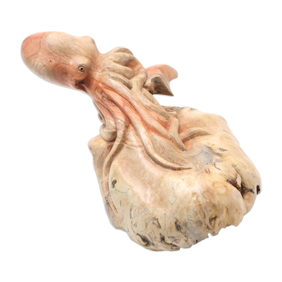 Wood sculpture, 'Friendly Octopus' - Hand Crafted Benalu Wood Octopus Sculpture
