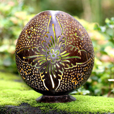 Coconut shell catchall, 'Floral Light' - Hand Crafted Coconut Shell Catchall