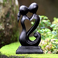 Wood statuette, 'Kisses for You in Black' - Hand Crafted Romantic Suar Wood Statuette