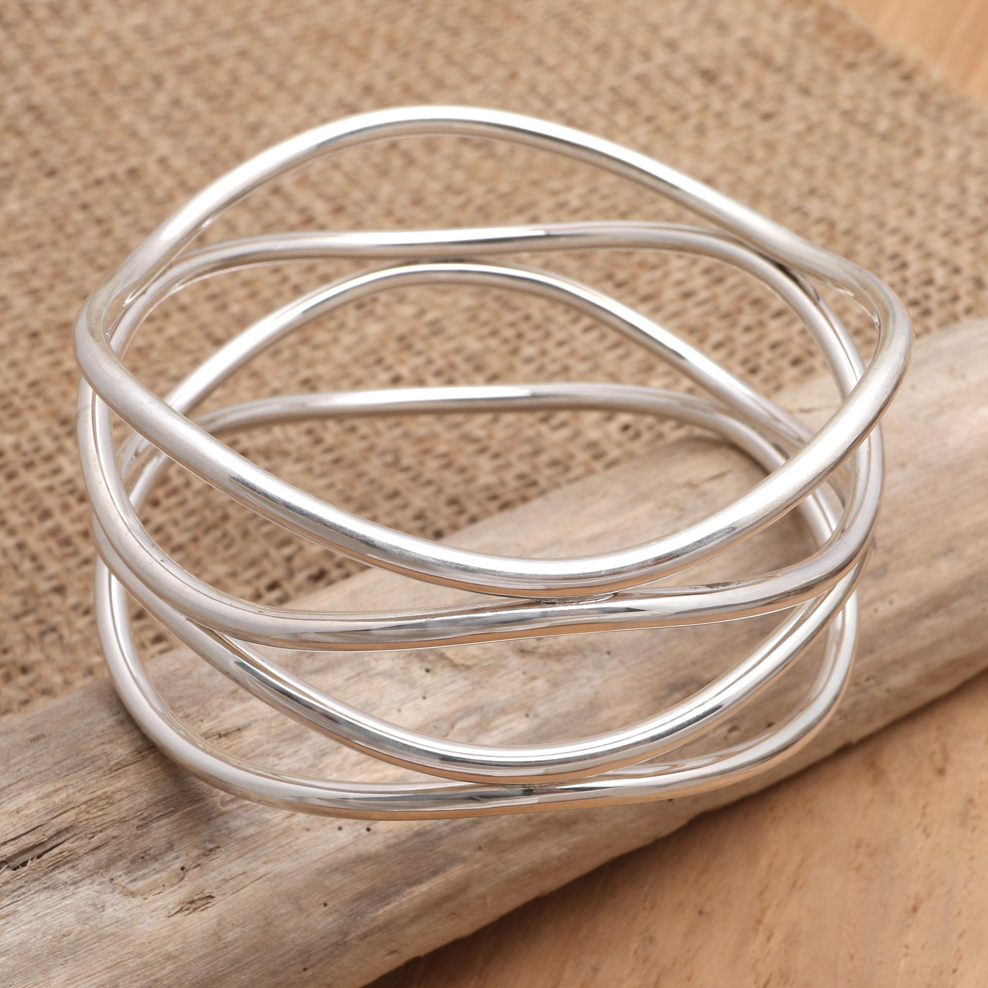 Handmade Sterling Silver Bangle Bracelet - Silver Wavelength