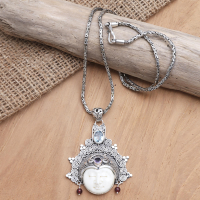 Blue topaz and amethyst pendant necklace, 'Sleeping Fairy' - Handmade Blue Topaz and Amethyst Pendant Necklace