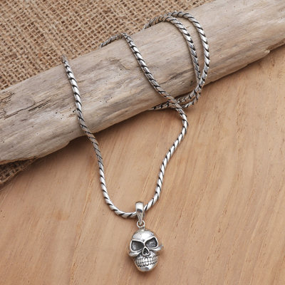 Men's Sterling silver pendant necklace, 'Grinning Skull' - Men's Sterling Silver Skull Pendant Necklace