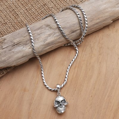 Men's Sterling silver pendant necklace, 'Grinning Skull' - Men's Sterling Silver Skull Pendant Necklace