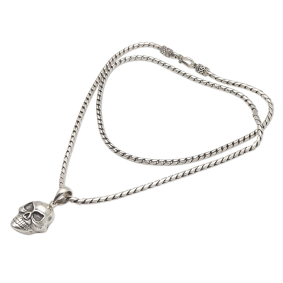 Men's Sterling silver pendant necklace, 'Grinning Skull' - Men's Sterling Silver Skull Pendant Necklace