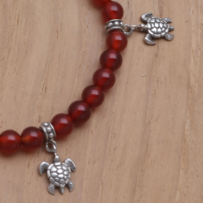 Carnelian beaded charm bracelet, 'Turtle Nest' - Carnelian and Sterling Silver Beaded Turtle Bracelet