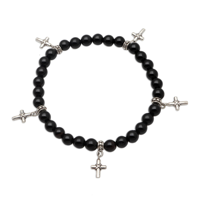 Onyx and Sterling Silver Beaded Cross Bracelet