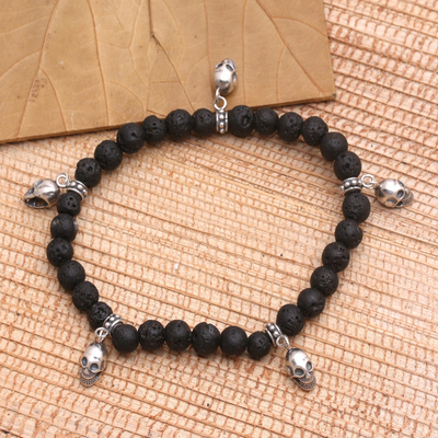 Stretch or Clasp Unisex Lava Bead and Silver Bracelet