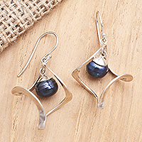 Blue Cultured Pearl and Sterling Silver Dangle Earrings,'Bluest Depths'