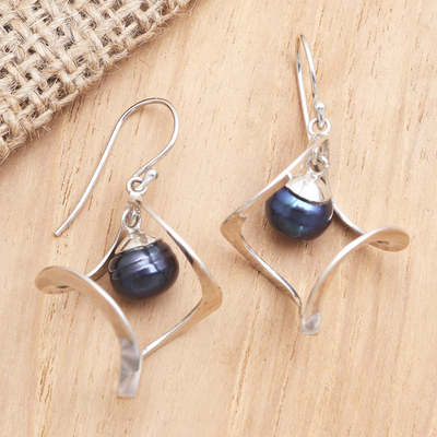 Cultured pearl dangle earrings, 'Bluest Depths' - Blue Cultured Pearl and Sterling Silver Dangle Earrings