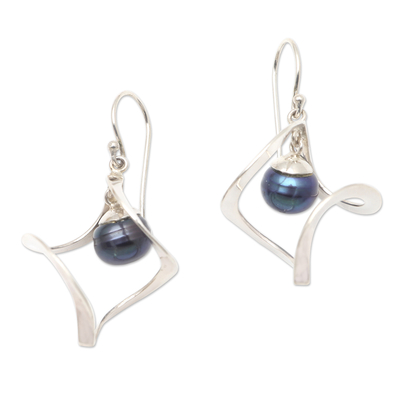 Aretes colgantes de perlas cultivadas - Aretes colgantes de plata de ley y perlas cultivadas azules