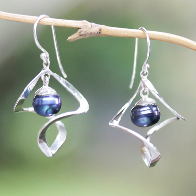 Cultured pearl dangle earrings, 'Bluest Depths' - Blue Cultured Pearl and Sterling Silver Dangle Earrings